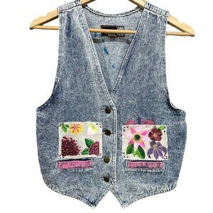 Y2K Pinot Noir Denim Vest Floral Painted Art to Wear Tie Back Artsy Size Medium